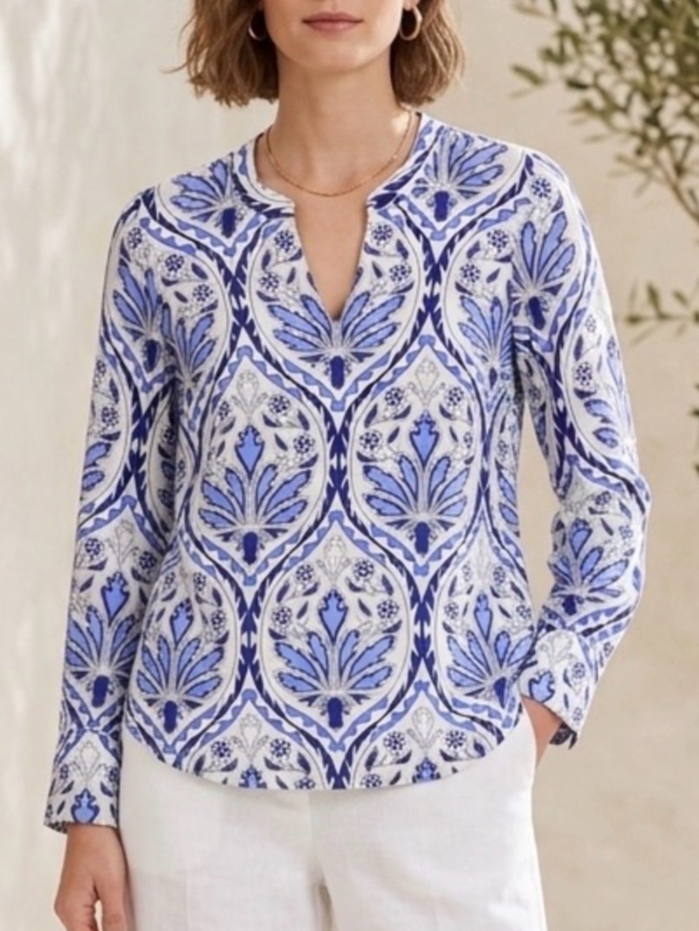 Talbots Petite SP Blue White Paisley Damask Blouse Top Coastal Mediterranean